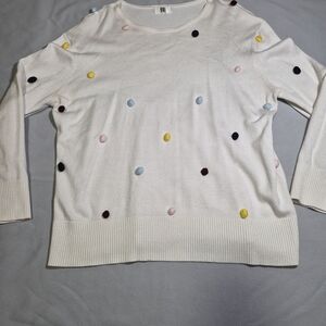 Women Sweater YAL Colorful Polka Dot White Ribbed Trim SIZE S/M